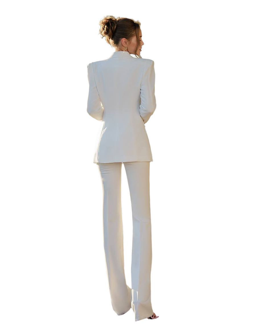 Woman wearing a white suit on a white background