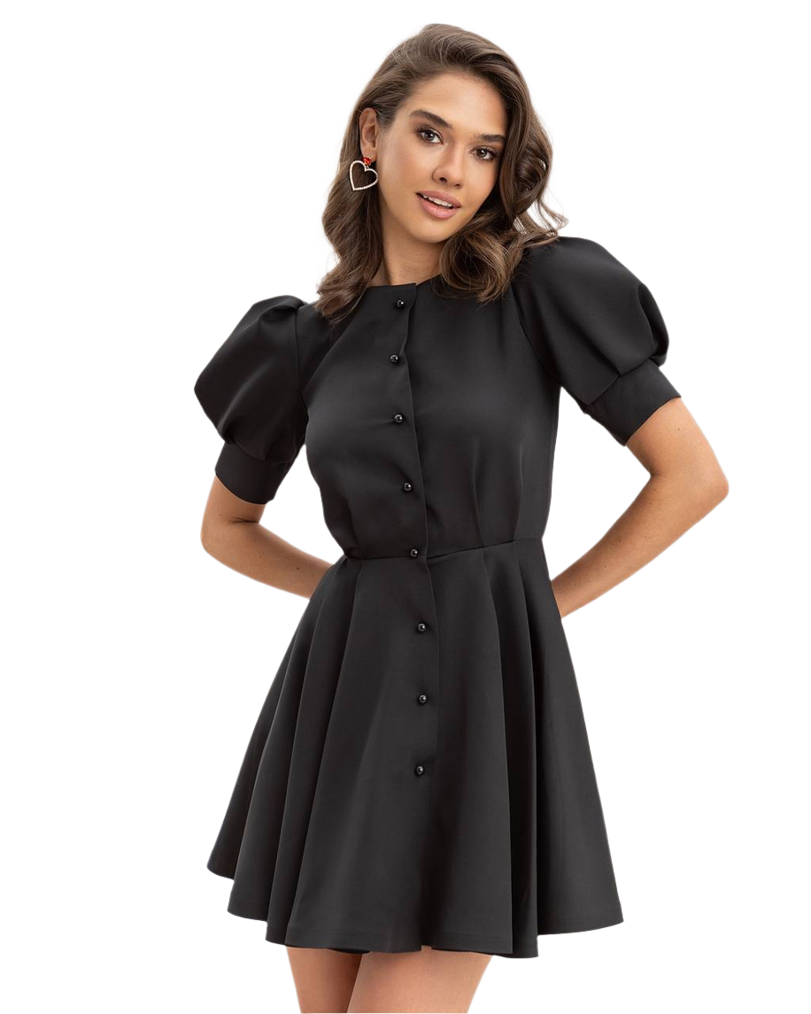 Short Black Dress with Puff Sleeves and Button Front