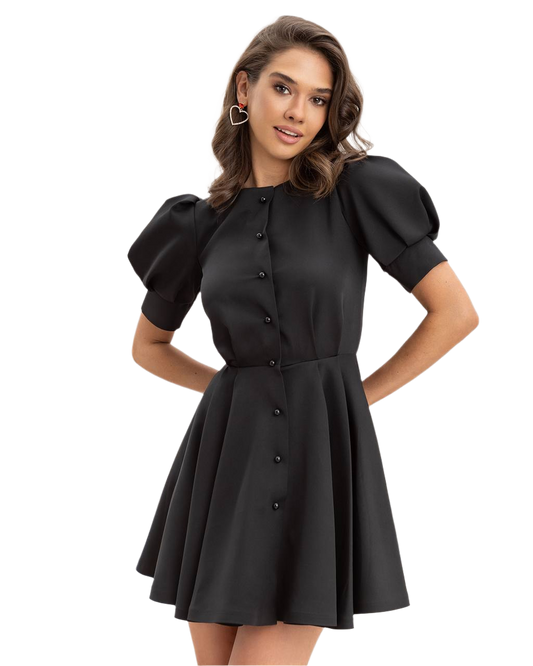 Short Black Dress with Puff Sleeves and Button Front