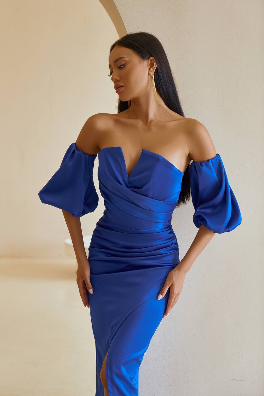 Royal Satin Midi Dress with Puff Sleeves in Electric Blue