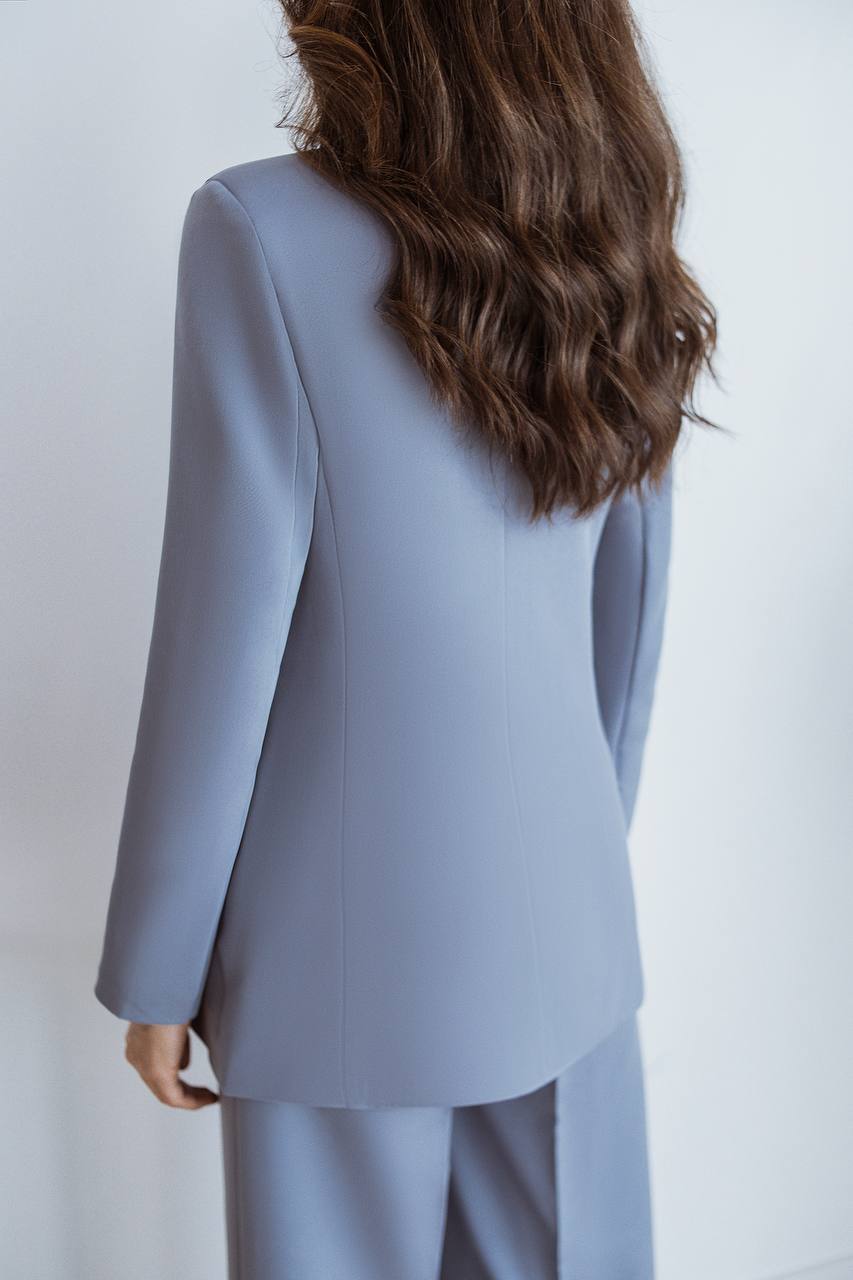 Gray Palazzo Suit Women Diagonal Crepe Tailored Blazer and Wide Leg Trousers