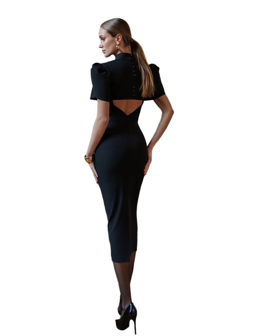 Elegant Black Midi Dress with Puff Sleeves and Cutout Back
