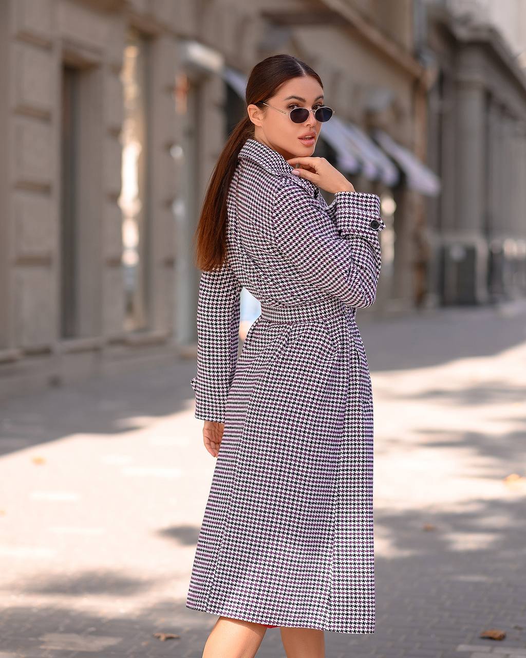 Womens Turkish Fabric Houndstooth Pattern Coat Long Trench Style Belted