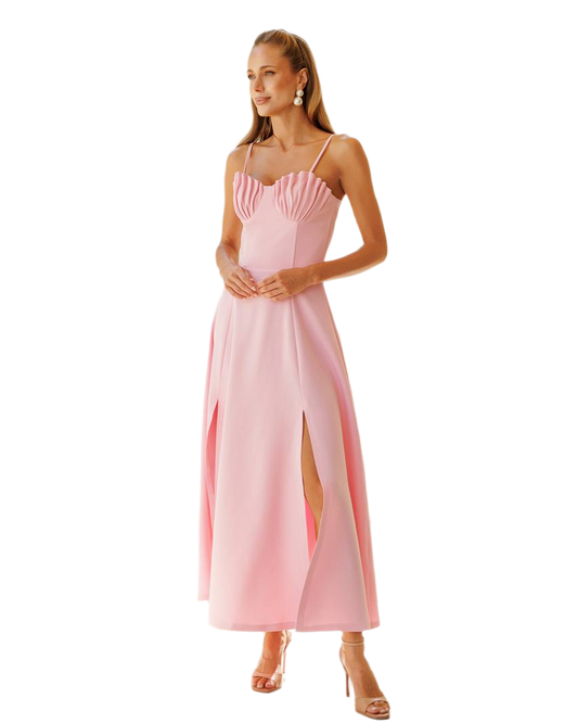 Elegant Pink Diagonal Crepe Dress with Slit and Pleated Bust