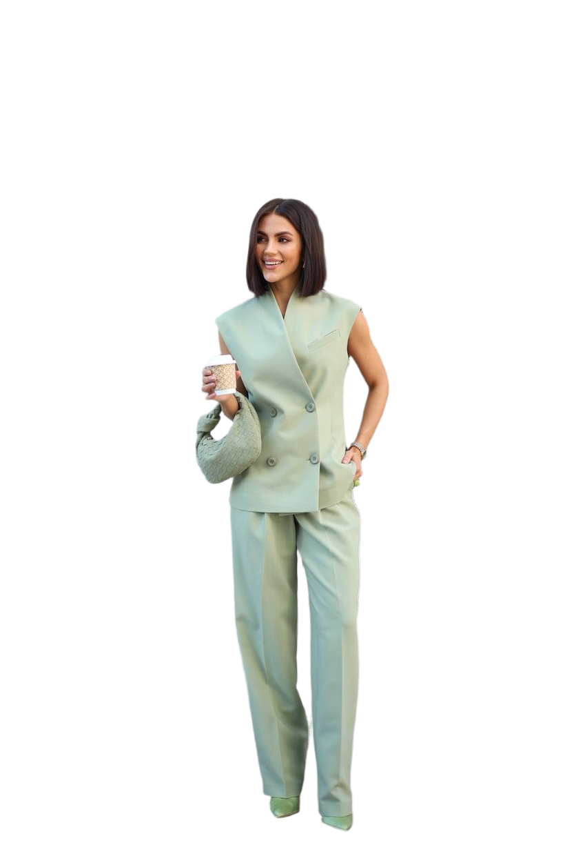 Womens Double Breasted Sleeveless Vest and High Waist Pants Suit Set