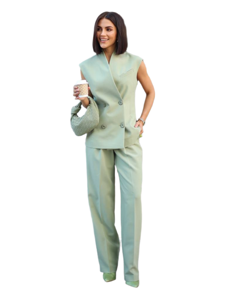 Womens Double Breasted Sleeveless Vest and High Waist Pants Suit Set