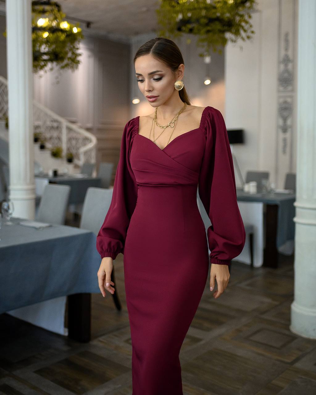Elegant Burgundy Midi Dress with Puff Sleeves for Women