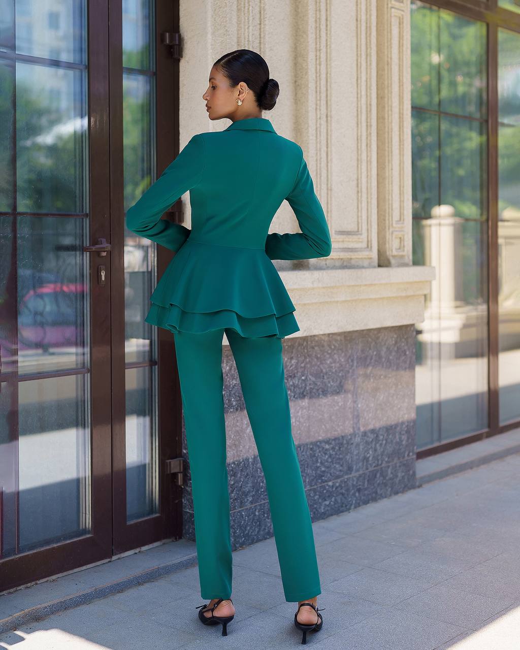 Premium Diagonal Crepe Women Suit with Peplum Jacket in Green