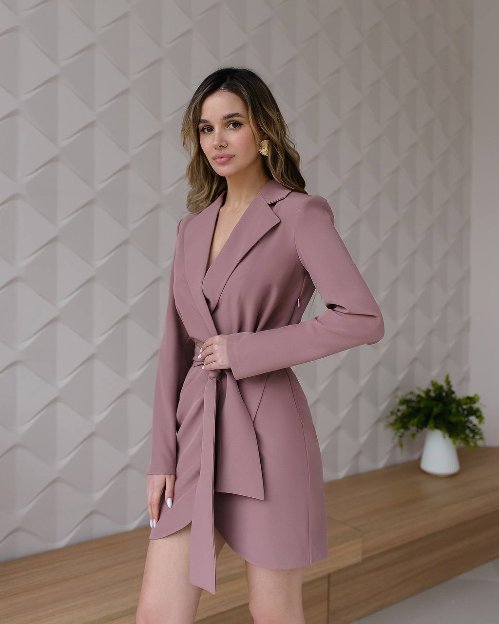 Elegant Women's Suit Crepe Diagonal Dress with Waist Tie
