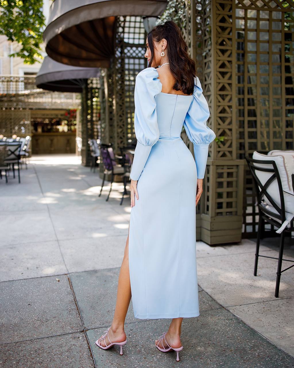 Elegant Royal Mango Satin Midi Dress for Women with Puff Sleeves and Side Slit