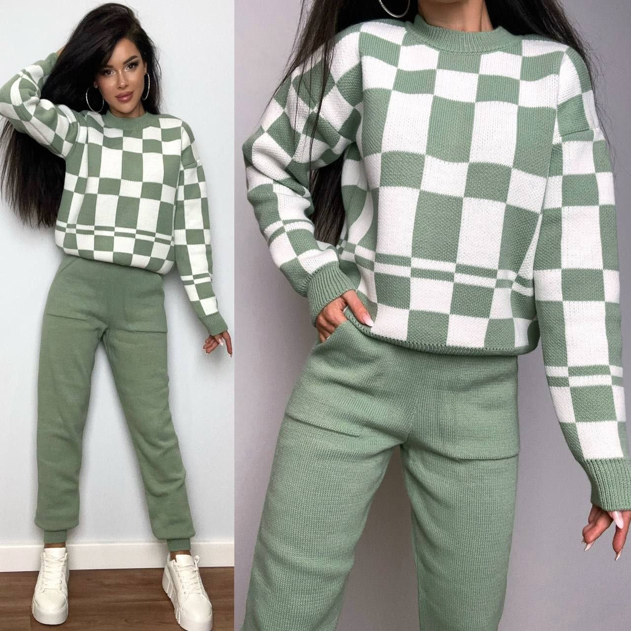 Green and white checkered sweater and pants set worn by a person.