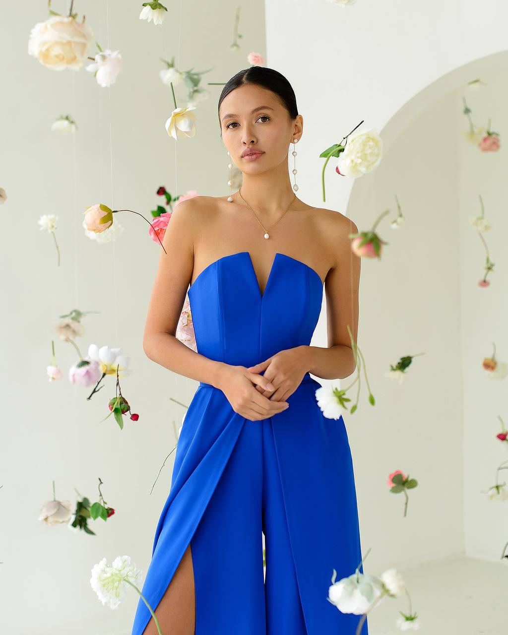 Blue Women Jumpsuit Bridal Wedding Bridesmaid Prom Graduation Rehearsal Dinner Corset Top Wide Pants Cullotes Palazzo