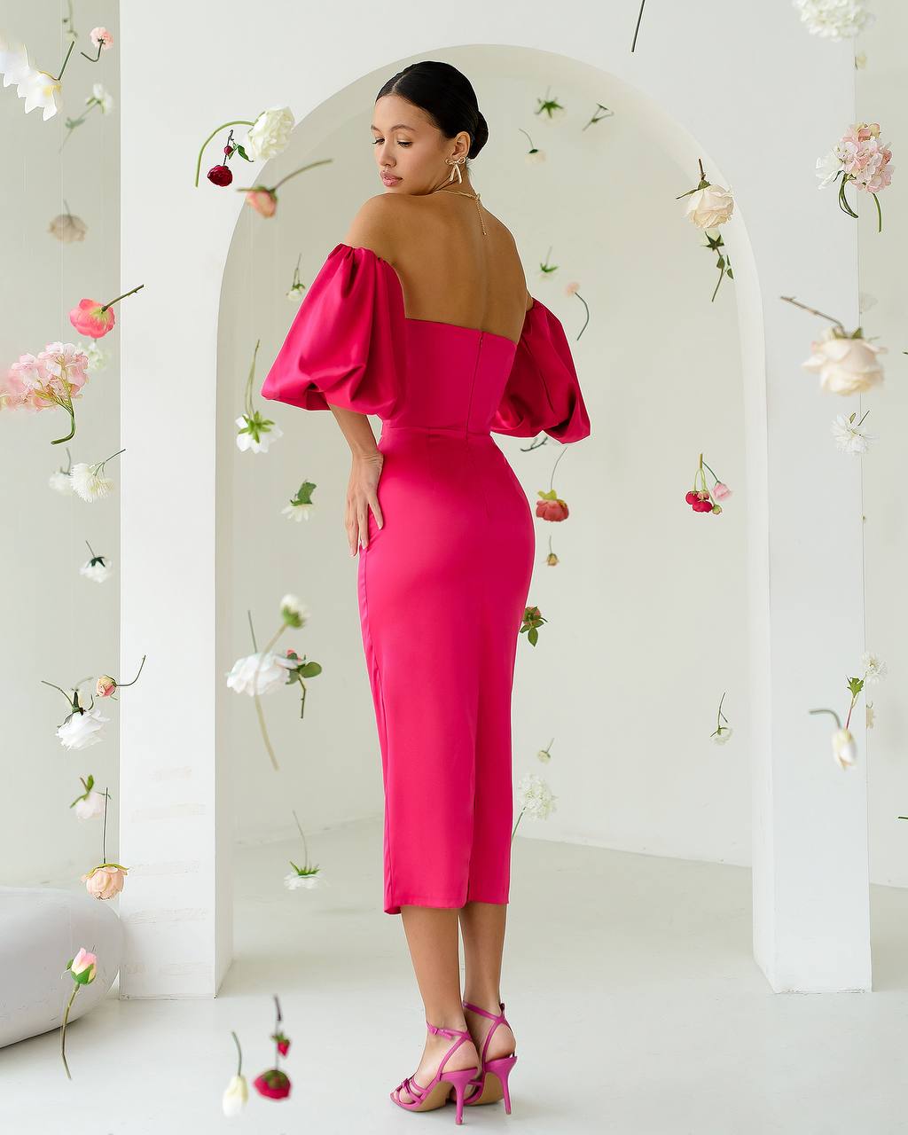 Midi Corset Dress in Satin with Off-Shoulder Puff Sleeves