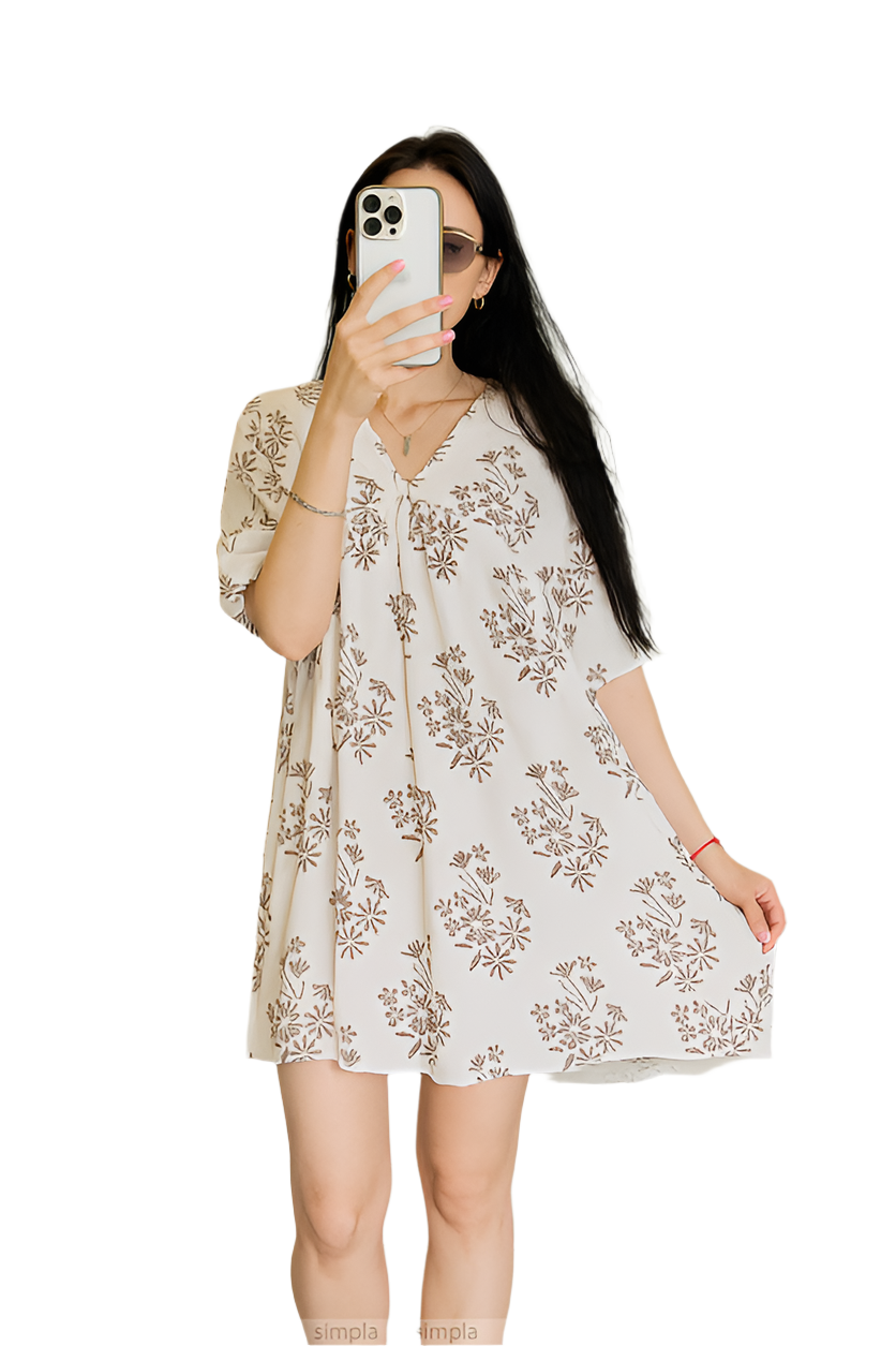 Light Summer Mini Dress with Floral Print and V-Neck