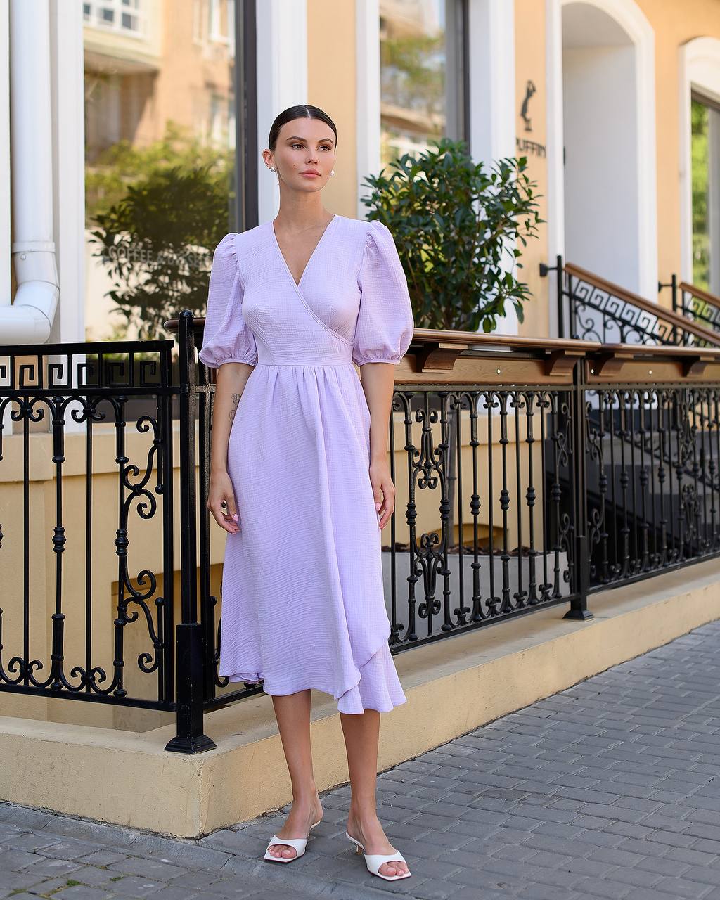 Lightweight Muslin Midi Dress for Women in Milky Blue and Lavender