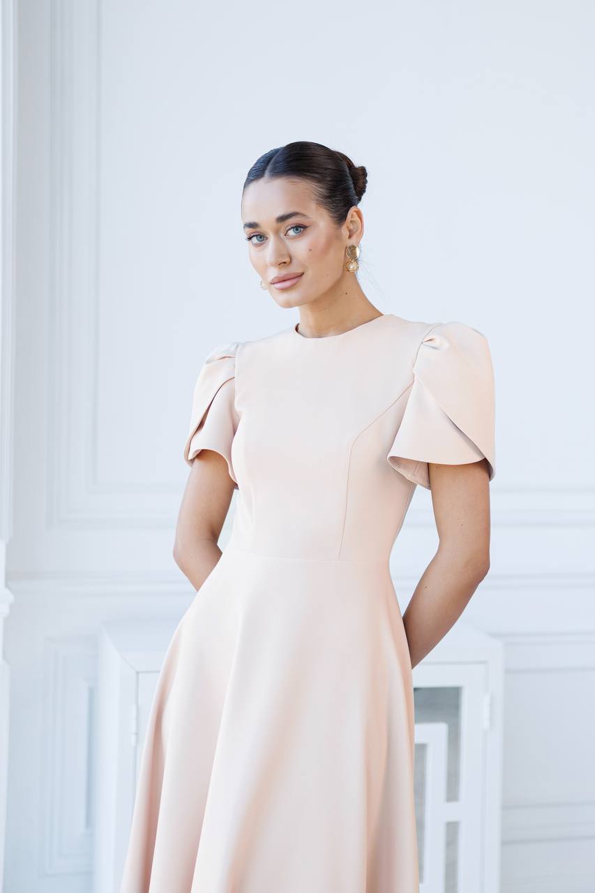 Elegant Diagonal Crepe Dress for Women with Puff Sleeves