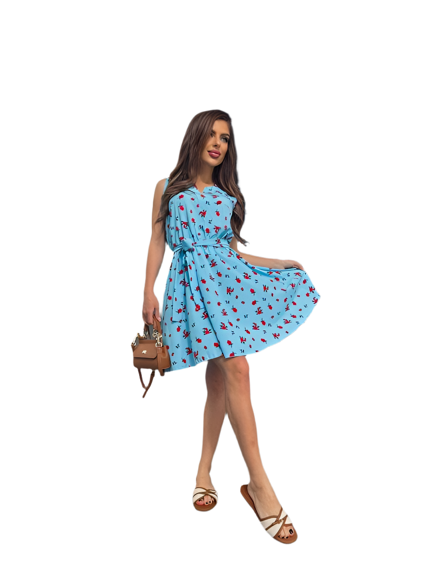 Lightweight Blue Summer Dress with Elastic Waist and Belt