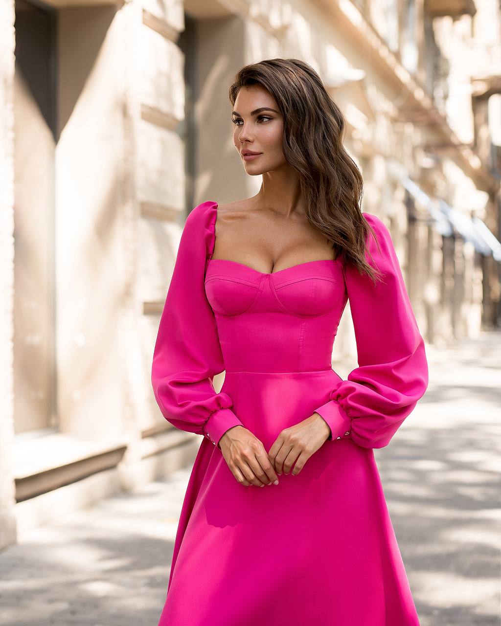 Woman wearing a bright pink dress with long sleeves in an outdoor setting.
