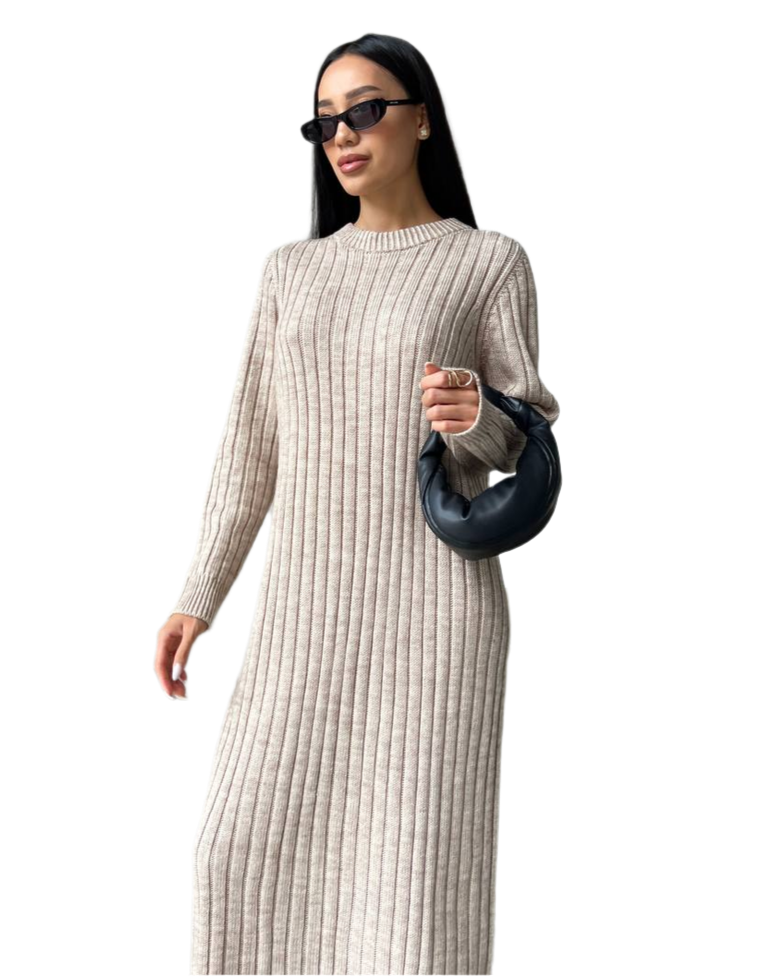Seamless Knitted Ribbed Dress for Women Long Sleeve Knitwear
