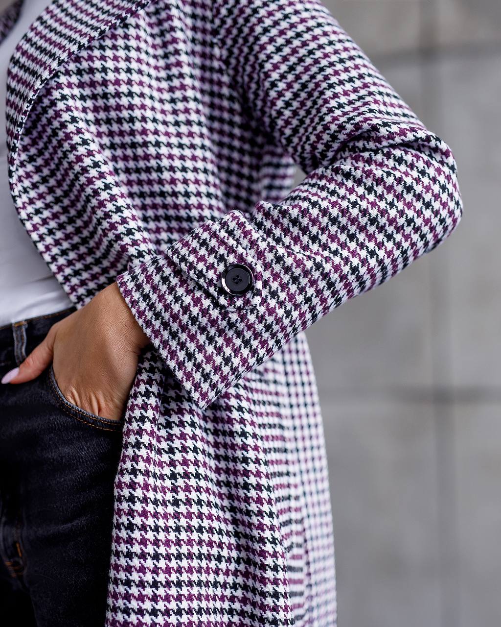 Womens Turkish Fabric Houndstooth Pattern Coat Long Trench Style Belted