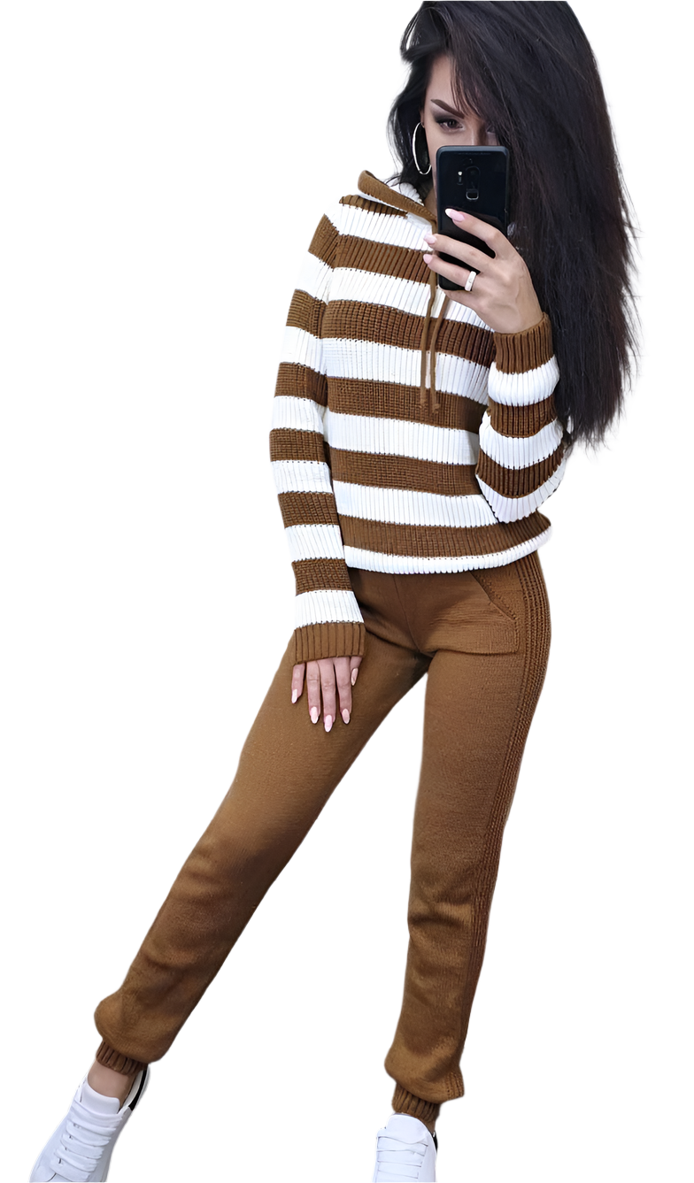 Warm Women's Knitted Suit with Striped Hoodie and Pants