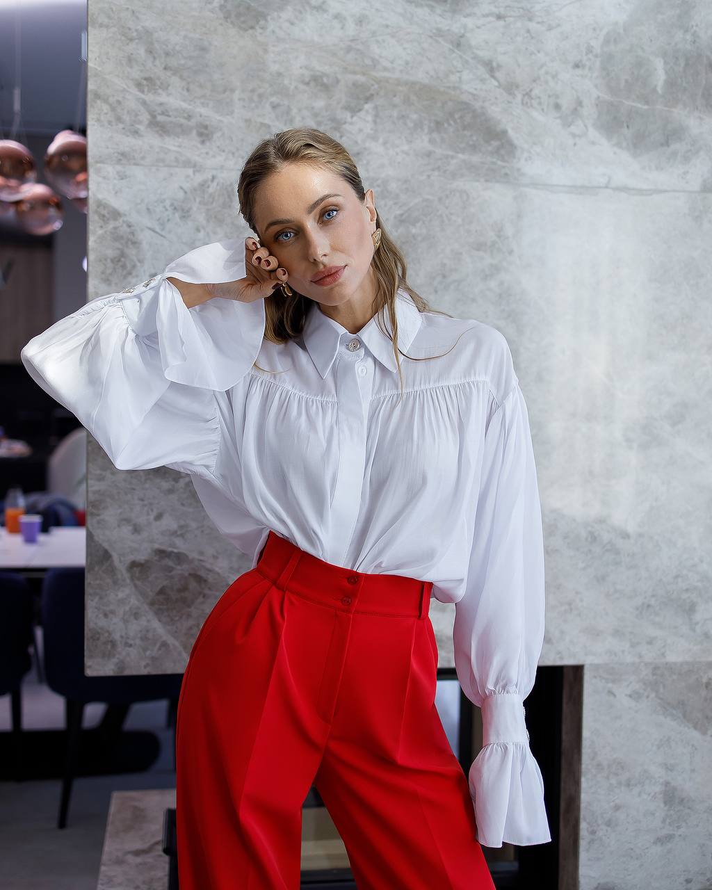 Women's High Waist Wide Leg Trousers in Suiting Crepe Diagonal Fabric