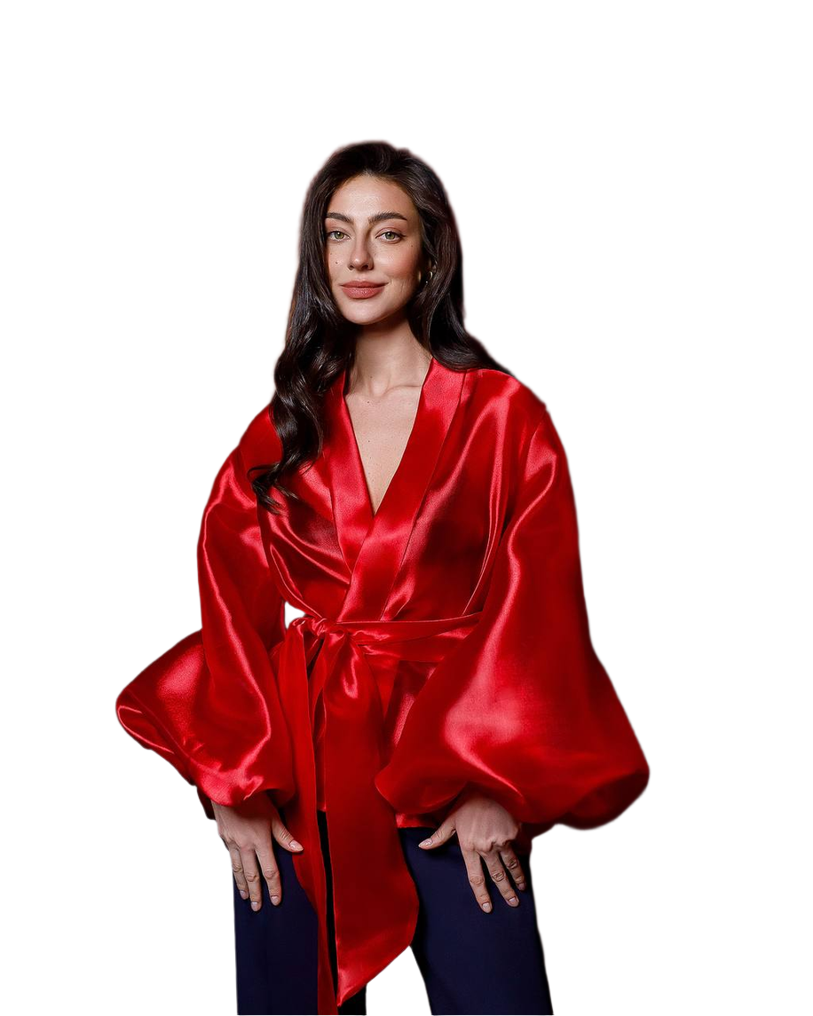 Womens Red Satin Blouse Tunic with Balloon Sleeves and Waist Tie