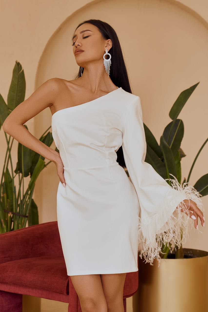 Feather Trim One Shoulder Bandage Dress for Women