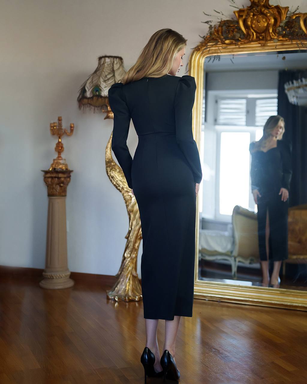 Elegant Black Midi Dress Women Puff Sleeve Crepe Diagonal Fabric