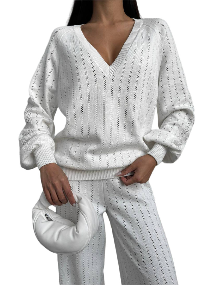 Spring Womens White Knit Suit with V Neck and Wide Leg Pants
