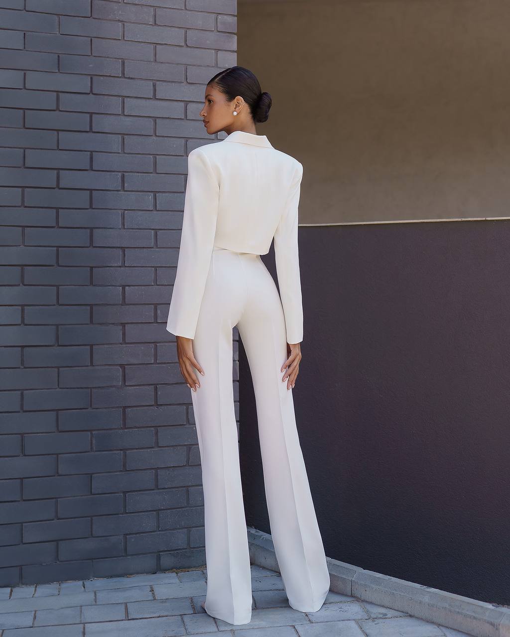 Premium Diagonal Crepe Women's Suit Blazer with Lining and Trousers in White
