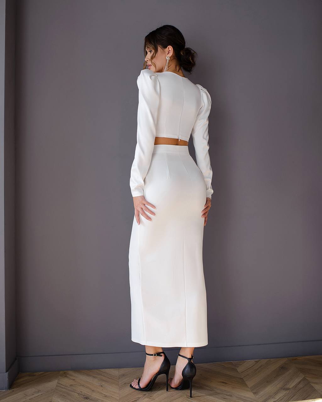 Elegant Womens Satin Blouse Top with Puff Sleeves in White