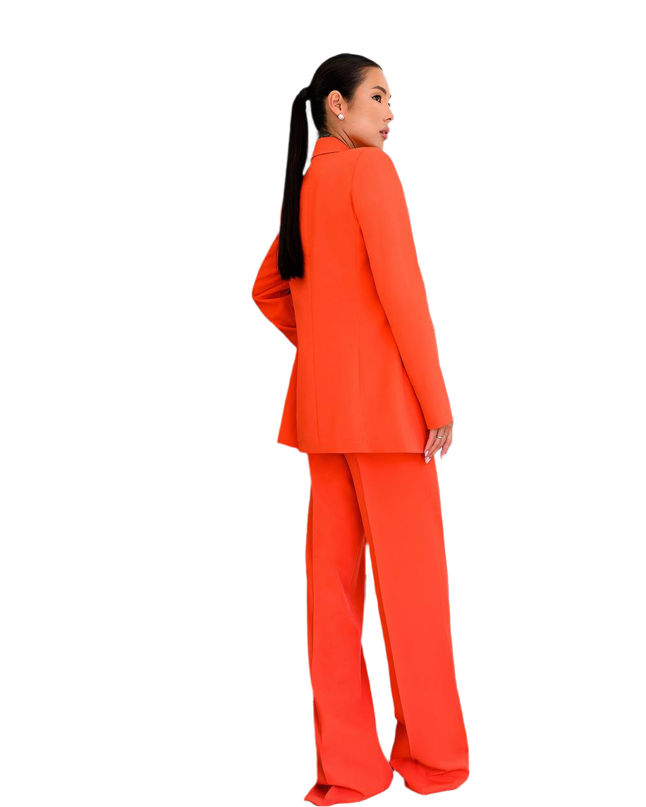 Person wearing an orange suit on a white background