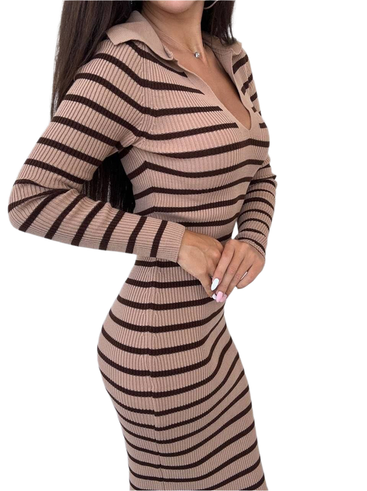 Beige and brown striped dress worn by a model on a white background