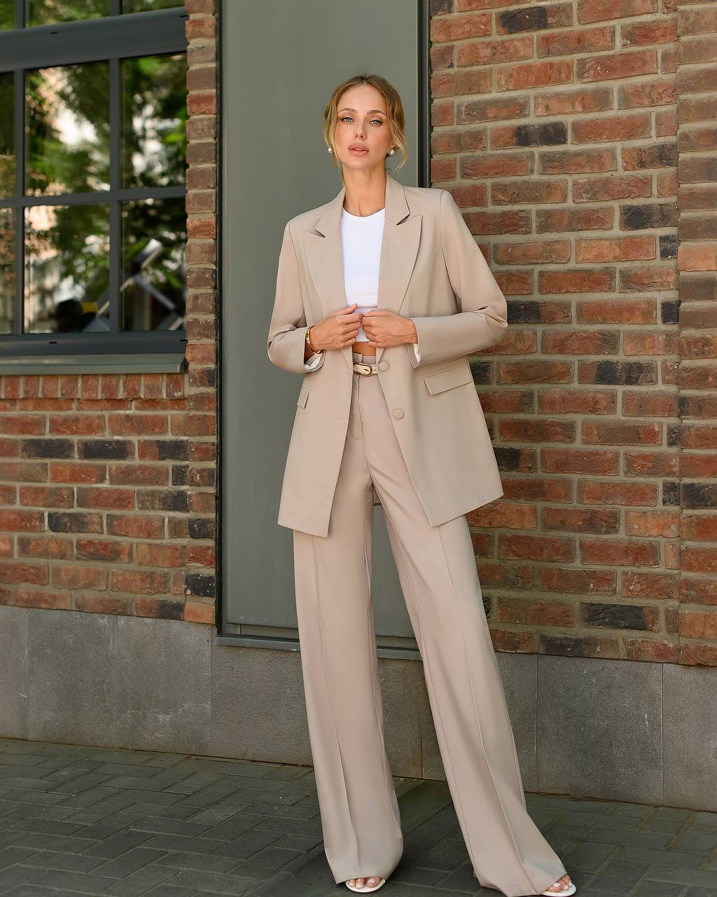 Womens Polished Tiar Lux Fabric Suit Beige Jacket and Pants