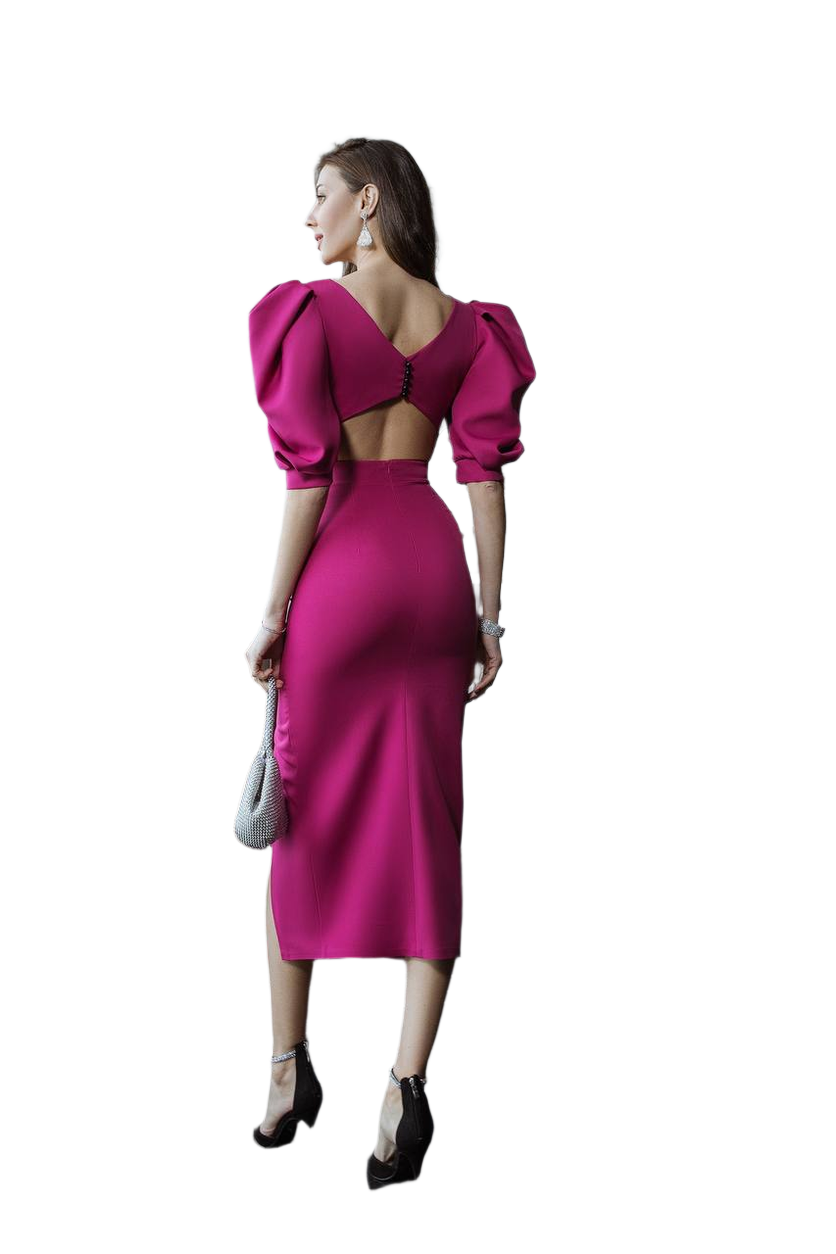Elegant Midi Dress with Puff Sleeves and Side Slit for Women