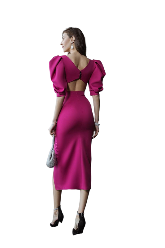 Elegant Midi Dress with Puff Sleeves and Side Slit for Women