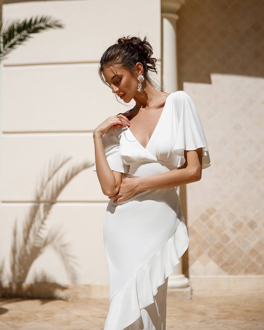 Elegant White Crepe Silk Maxi Dress with Ruffle Details