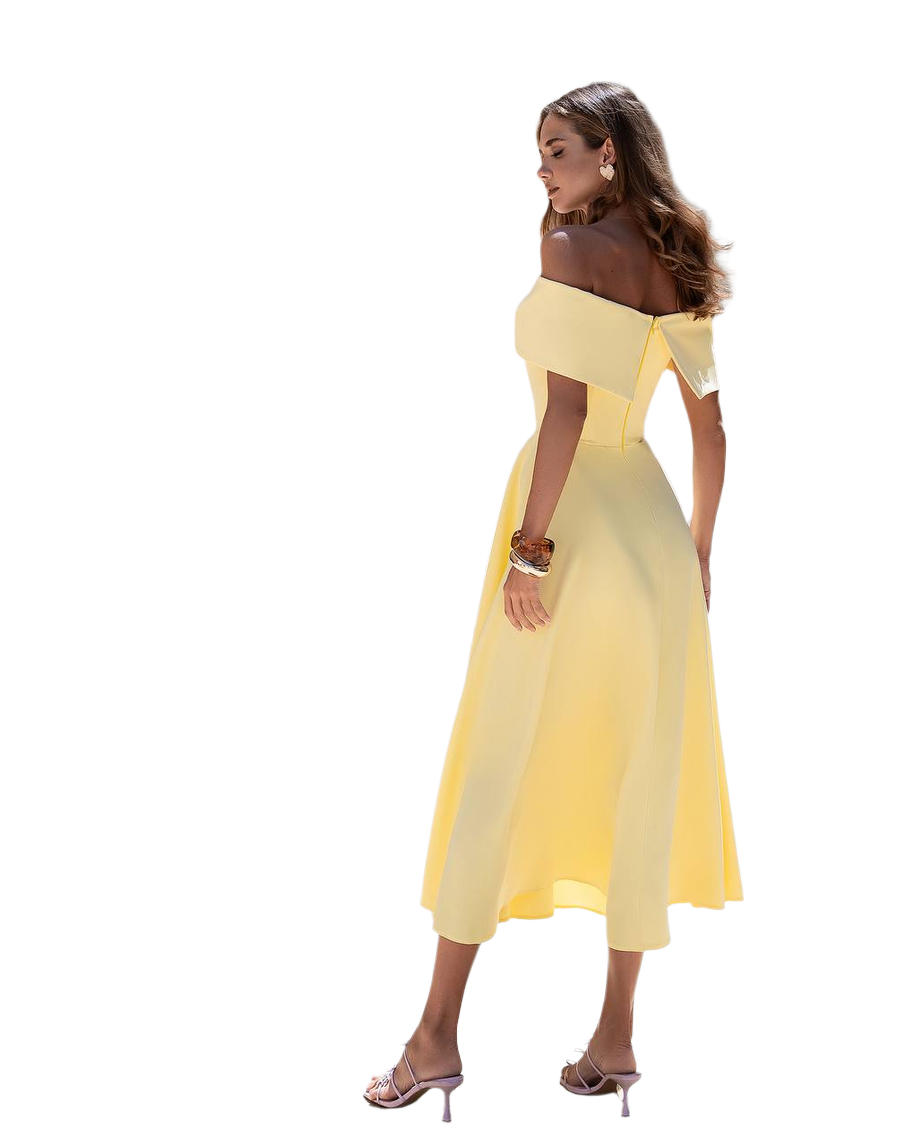 Woman wearing a yellow off-shoulder dress on a white background