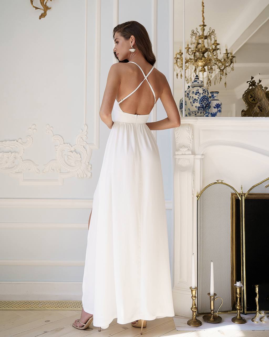 Elegant White Crepe-Silk Long Dress with Slits for Women