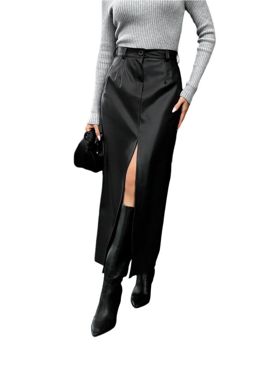 Womens Midi Eco-Leather Skirt with Front Slit