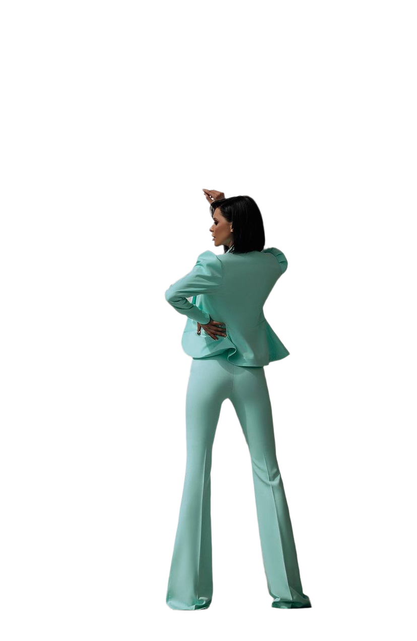 Person wearing a light blue suit on a white background