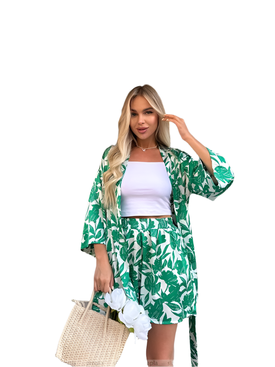 Lightweight Summer Two-Piece Suit with Trendy Green Leaf Print
