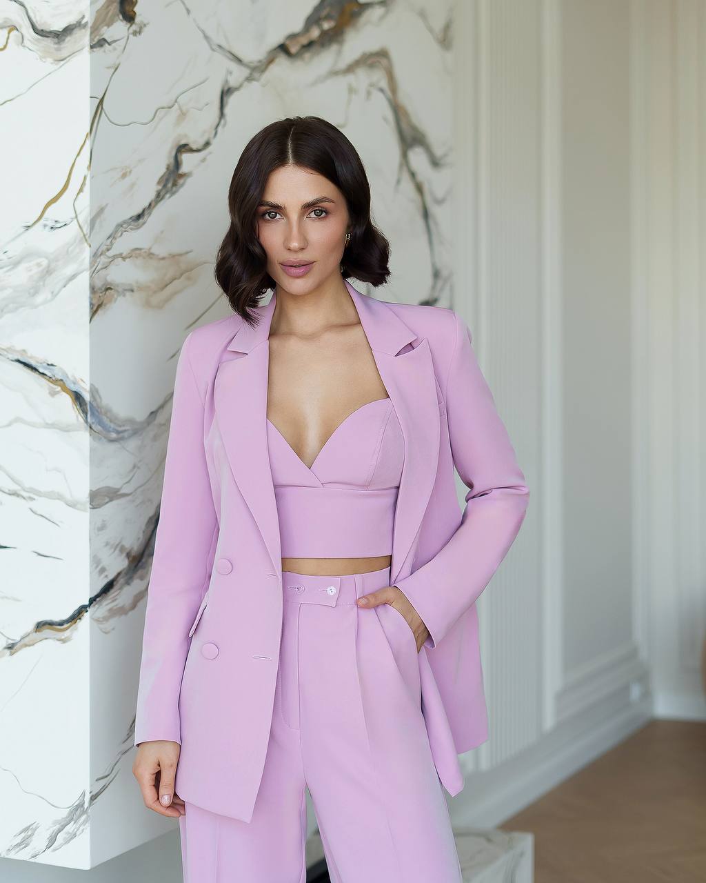 Pink Prom Bridal Wedding Cocktail Graduation Three Piece Womens Suit Jacket Top Trousers Elegant Business Outfit Pantsuit Palazzo Pants