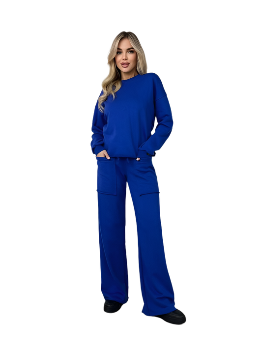 Woman wearing a blue outfit on a white background