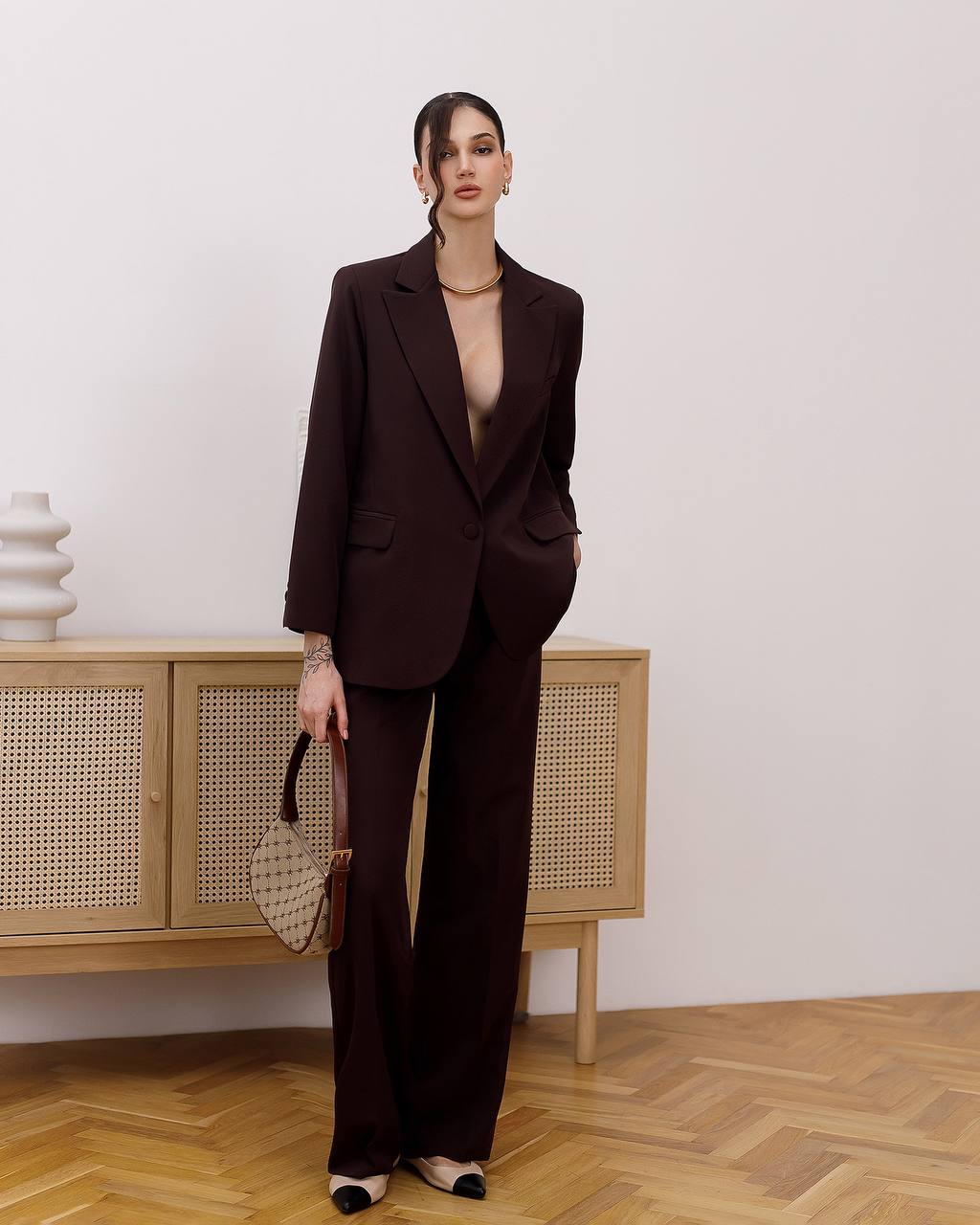 Womens Double Suit Premium Diagonal Crepe Black Chocolate