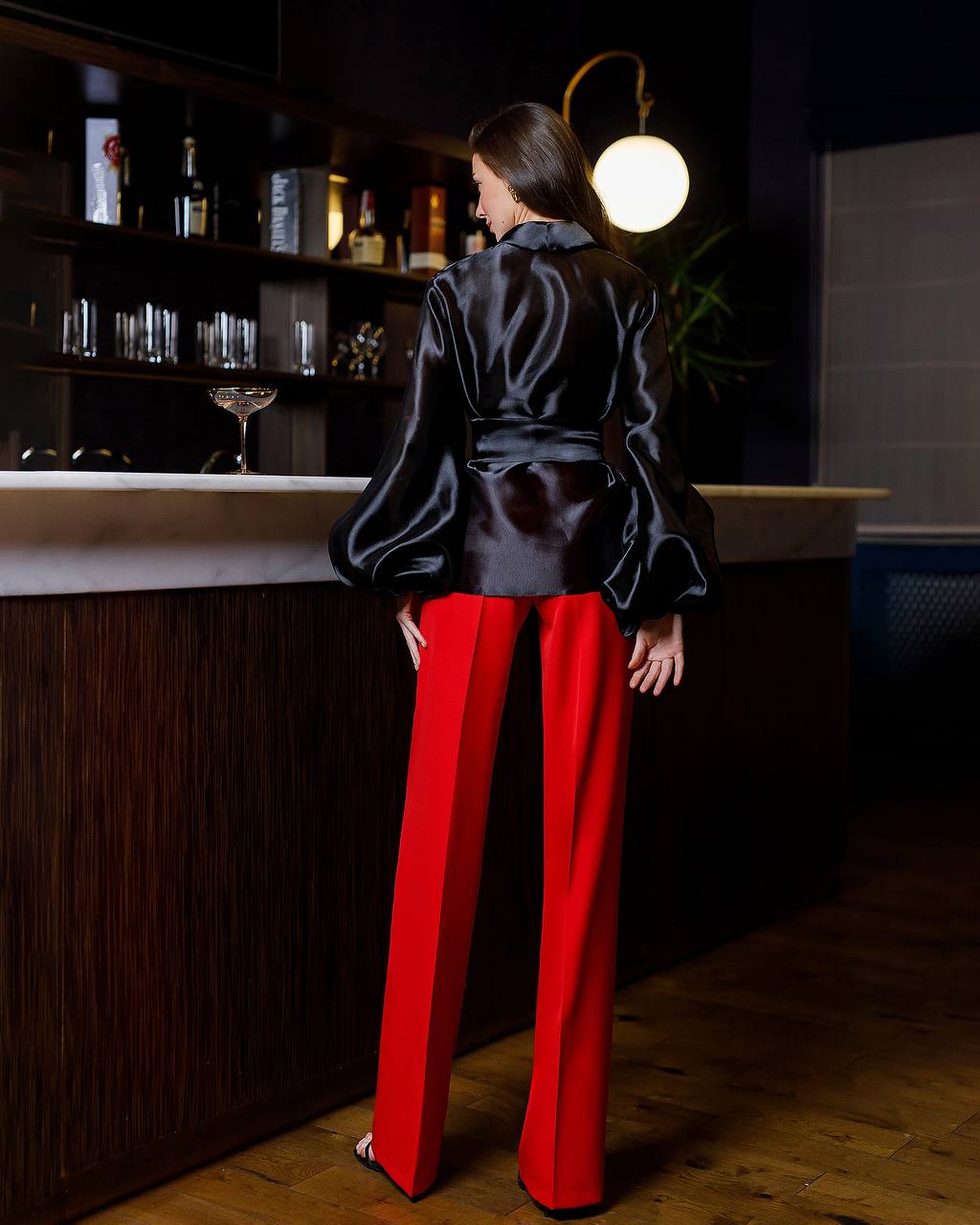 Women's High Waist Wide Leg Trousers in Suiting Crepe Diagonal Fabric