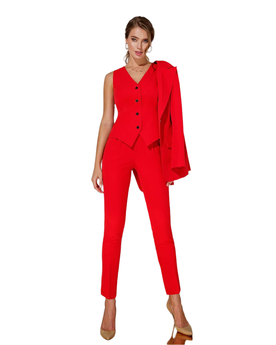 Woman wearing a red suit with a white background