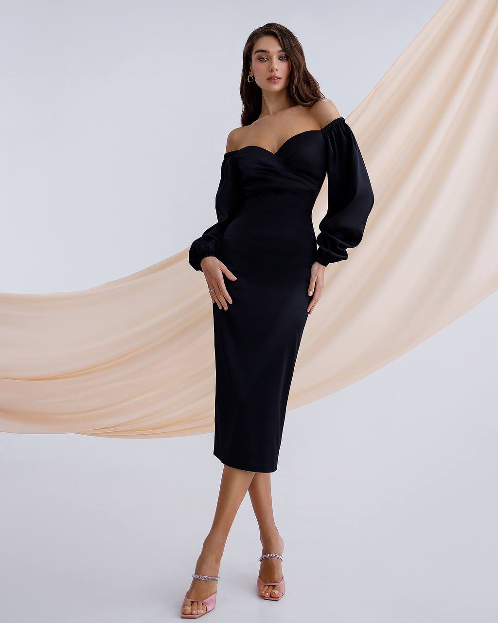 Elegant Off Shoulder Midi Dress in Mango Satin