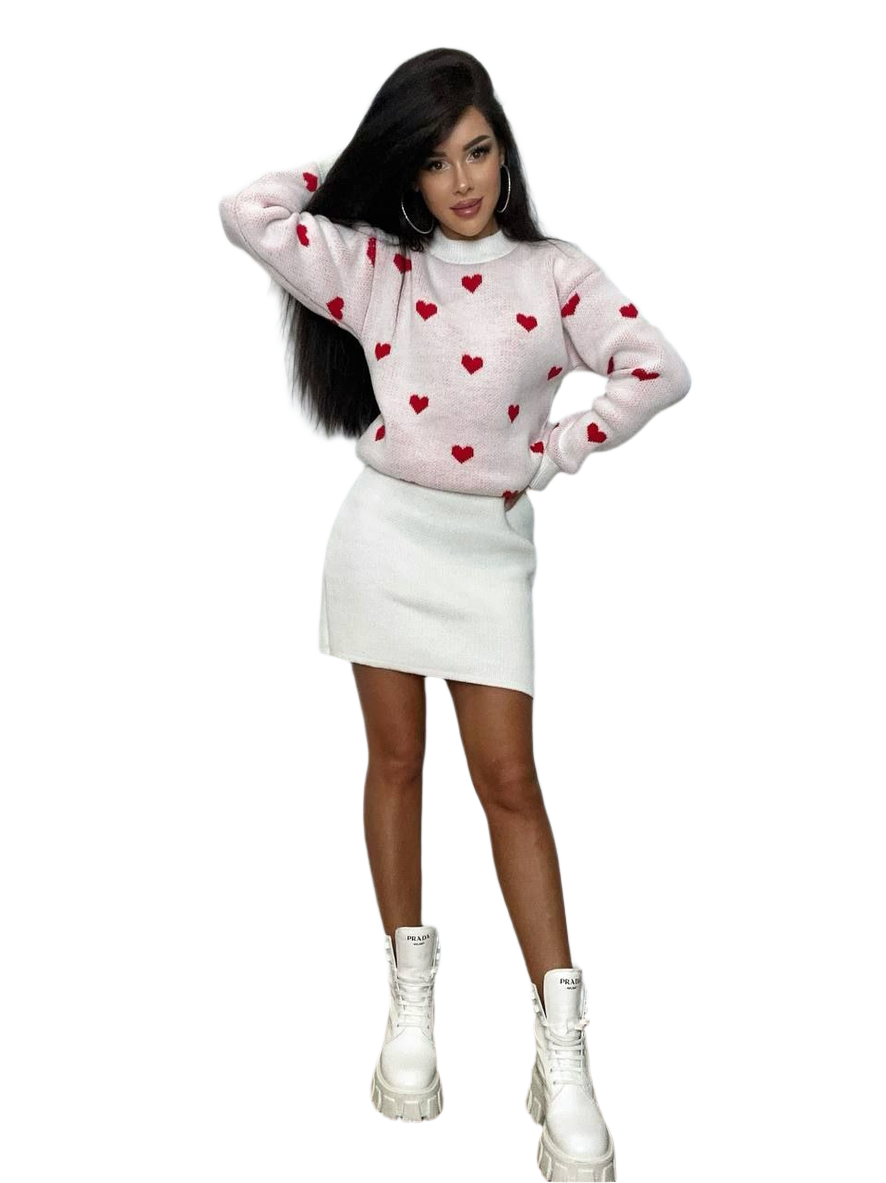 Womens Serce Knitted Suit Wool Acrylic Blend Heart Pattern Sweater and Skirt Set